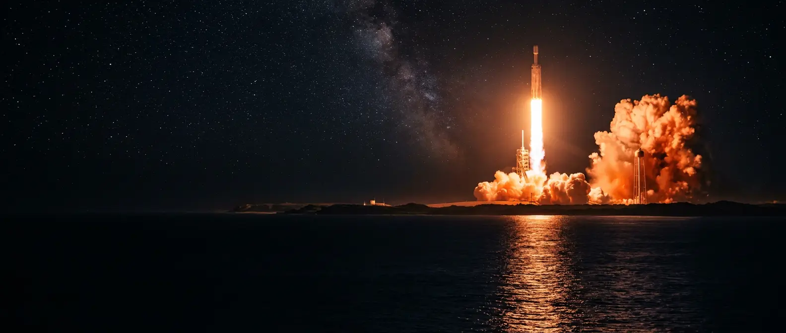 A rocket lifting off at night over dark water